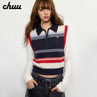 CHUU字母刺绣马甲女2026冬季新品条纹撞色含羊毛翻领无袖套头马夹