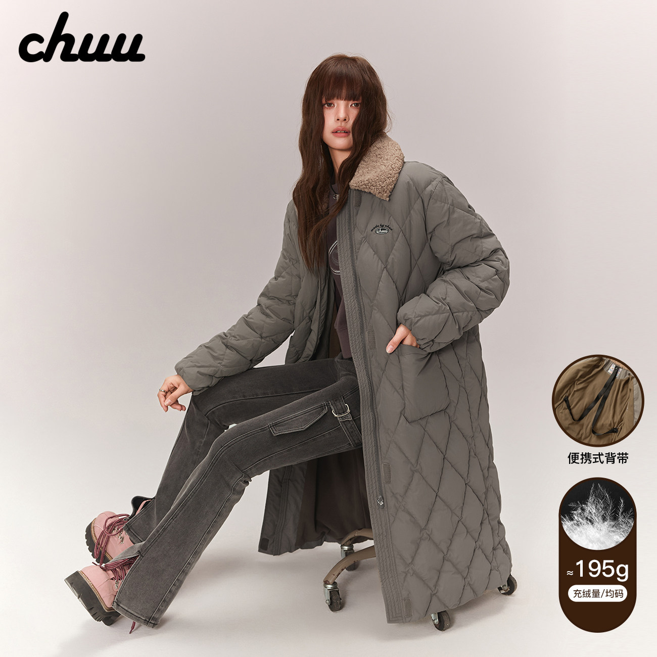 CHUU字母羽绒服女2026年冬季新品90鸭绒仿羊羔毛领内背带长