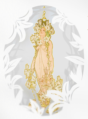 MUCHA穆夏【四朵花—百合】经典插画艺术金属链饰书签 20世纪时尚先锋新艺术运动 唯美大师名画复古优雅文艺礼品黄铜【中商文