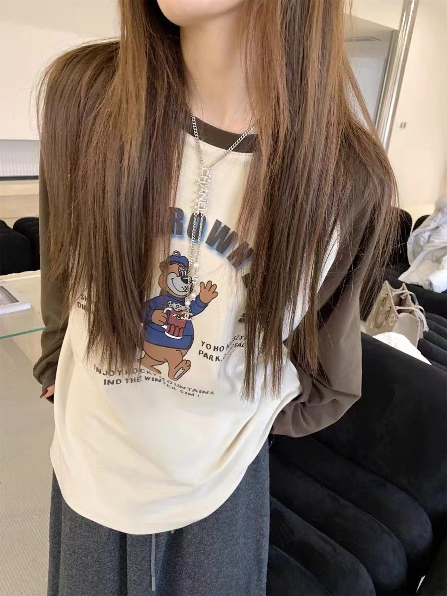 YZ|Miss happy加绒磨毛插肩袖宽松百搭LUCK印花显瘦打底长袖T恤女