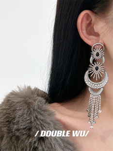 夸张灰色满钻流苏大耳环复古高级感晚会配饰名媛气质轻奢新娘耳饰