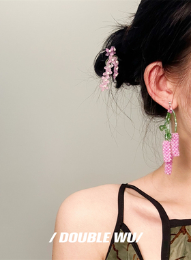 夏日甜美绿色串珠紫色薰衣草耳环旅游度假风耳钉耳夹长款流苏耳坠