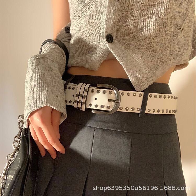 美式嘻哈皮带女宽腰带y2k腰带朋克风柳钉黑色百搭ins休闲裤带