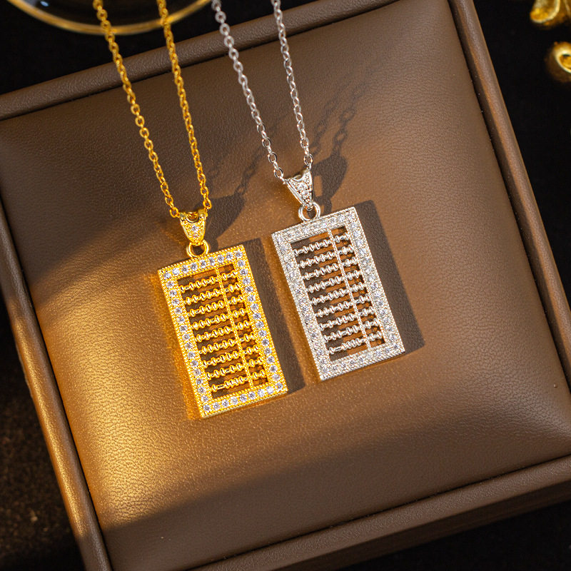 【钛钢】爆款满钻算盘项链女高级感小众设计吊坠铜镶锆毛衣链批发