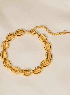 跨境夏日海滩度假海洋元素手链女钛钢空心贝壳18kPVD不掉色防水