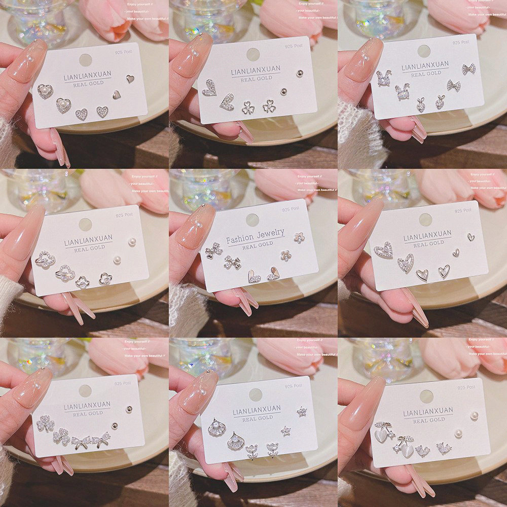 S925银针一卡三对耳钉套装女小巧精致耳环夏季高级感真金电镀