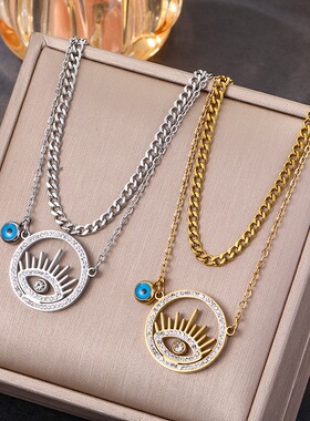 亚马逊新品欧美时尚恶魔之眼不锈钢项链女双层眼睛镶钻吊坠不掉色