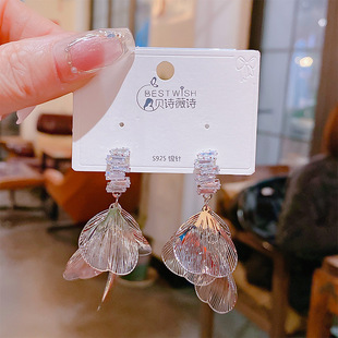 女輕奢小眾高級感時尚 耳墜 鍍白超仙拉絲大花瓣鋯石耳環 2025新品