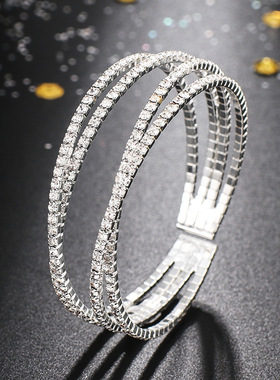跨境钢丝手镯饰品四排满钻交叉手饰爪链开口弹性手镯厂家直销
