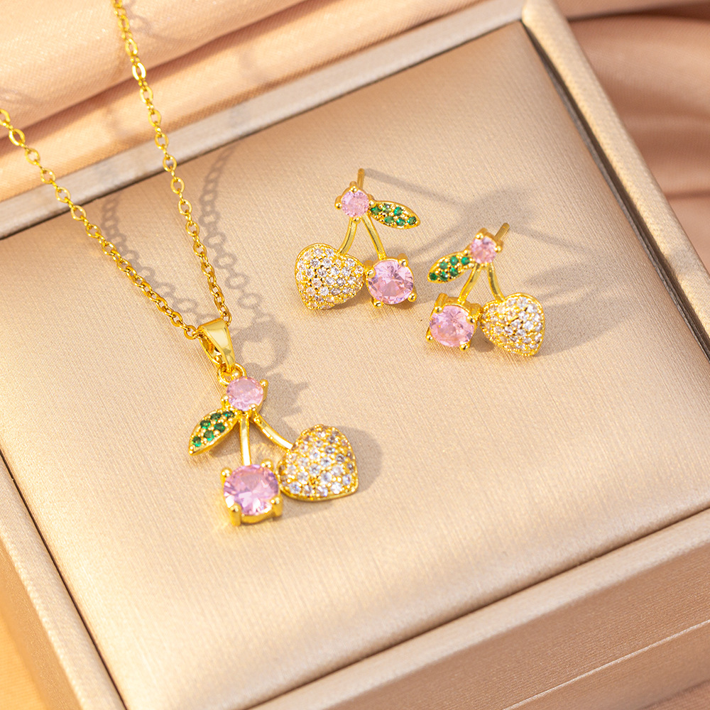 【套装】甜美铜镶锆满钻樱桃项链女耳钉百搭气质高级感锁骨链饰品