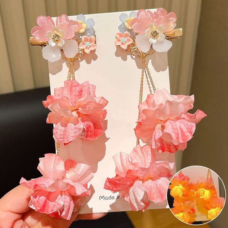 中秋节日儿童古风头饰花朵蝴蝶夹子带灯饰品女生汉服发光花朵