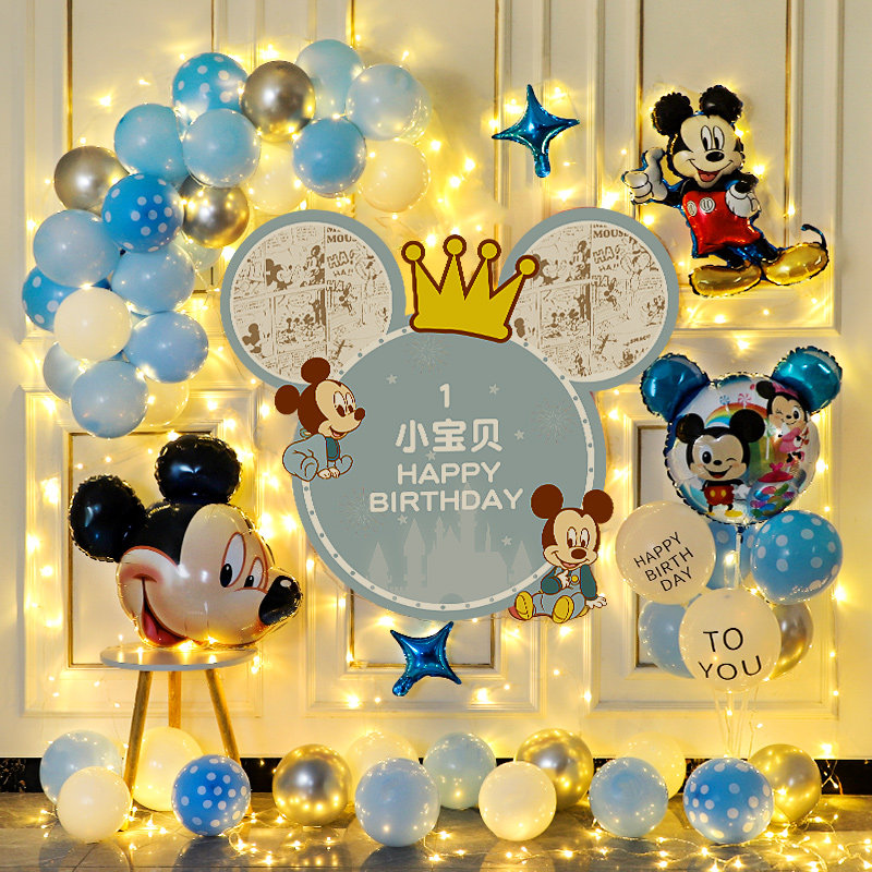 迪士尼米奇米妮男女鼠宝宝一周岁生日布置装饰场景背景墙海报定制