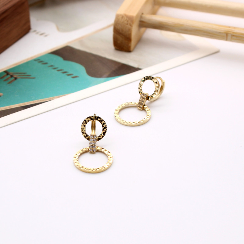 韩国纯14K金AU585彩金女士圈圈耳环扣车花切割亮面时尚大气