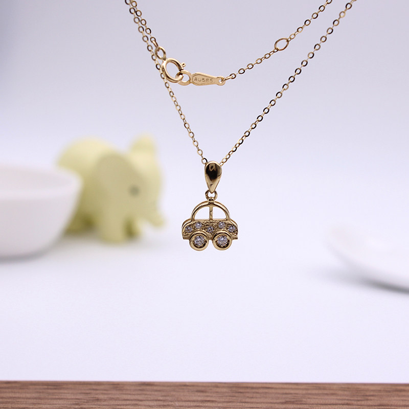 韩国纯14k黄金小汽车女士项链吊坠儿童项坠儿童节日礼物可爱百搭