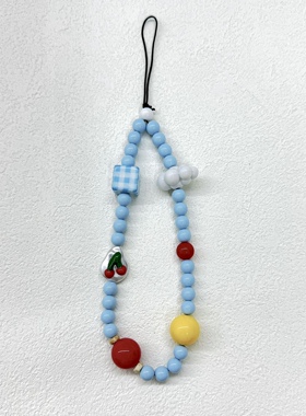 方块云朵蓝珠子樱桃格子卡通手机挂绳DIY相机链条挂件可爱挂链