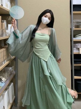 小个子新中式女装国风改良汉服汉元素日常绿色连衣裙子三件套装女