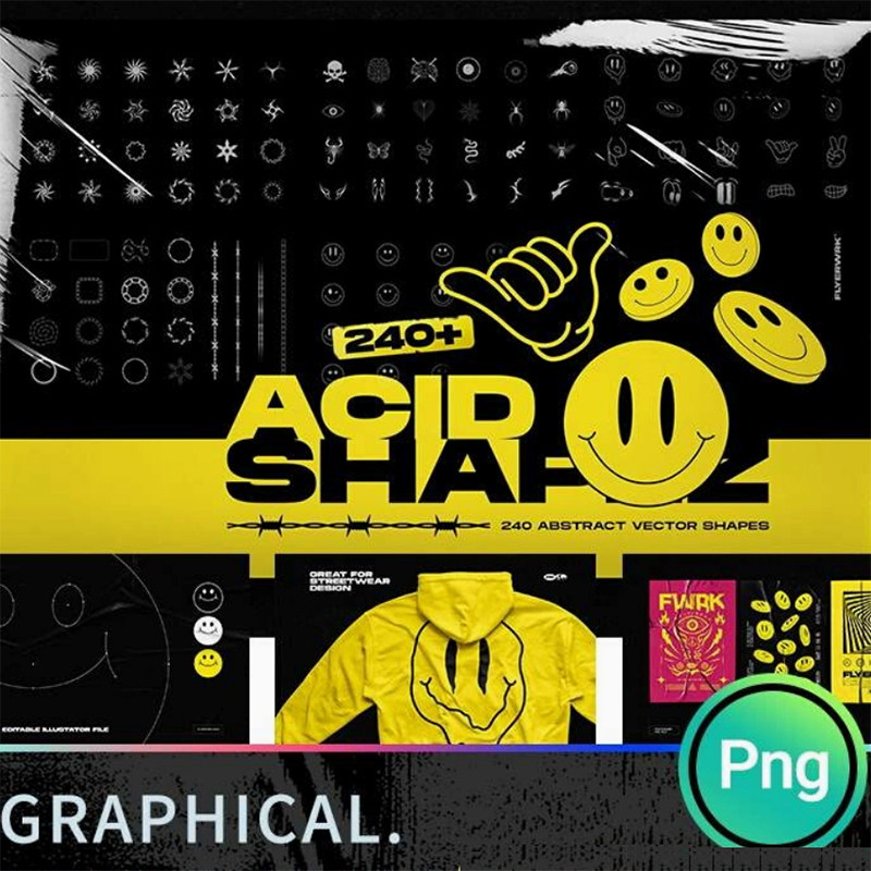 酸性赛博朋克笑脸机能风几何金属图形psd分层ai矢量设计素材png