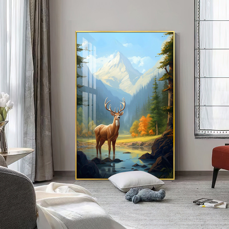 北欧晶瓷画玄关装饰画壁画欧式简约现代相片墙创意组合糜鹿挂画