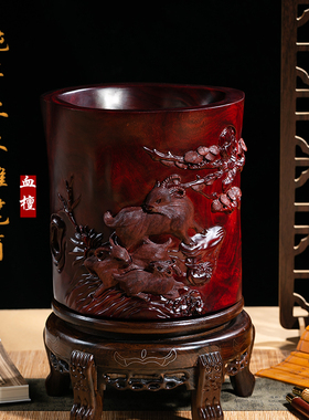 何红兵作品木雕笔筒桌面新中式