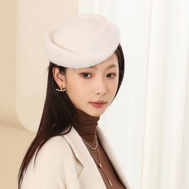 芭莎时尚法式贝雷帽羊毛复古帽子优雅网纱晚宴生日名媛风女帽毛呢