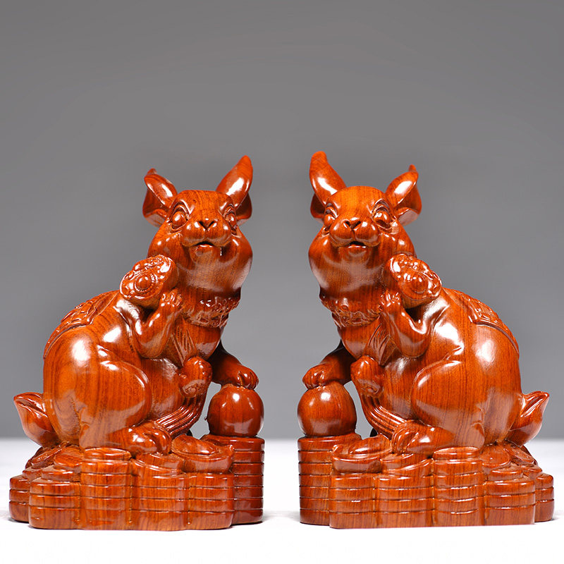 花梨木雕兔兔可爱小兔子一对摆件送礼物办公桌饰品桌面红木工艺品