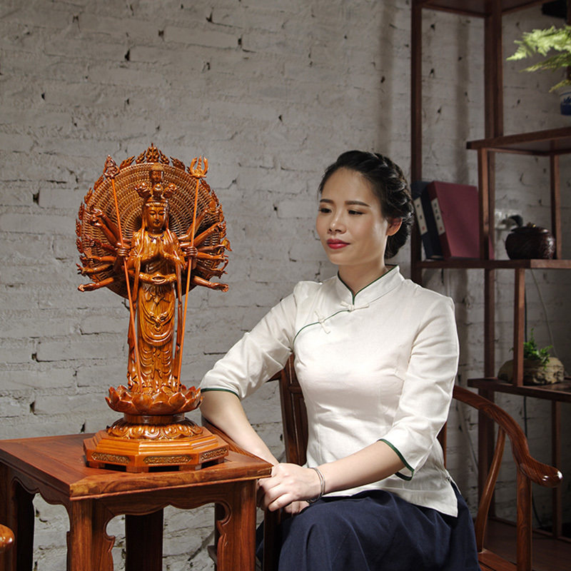 花梨木雕千手观音摆件实木观世音佛像居家客厅雕刻店铺工艺品摆设