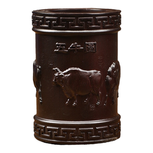 黑檀木雕五牛图笔筒摆件办公室桌面创意中式实木雕刻红木质工艺品