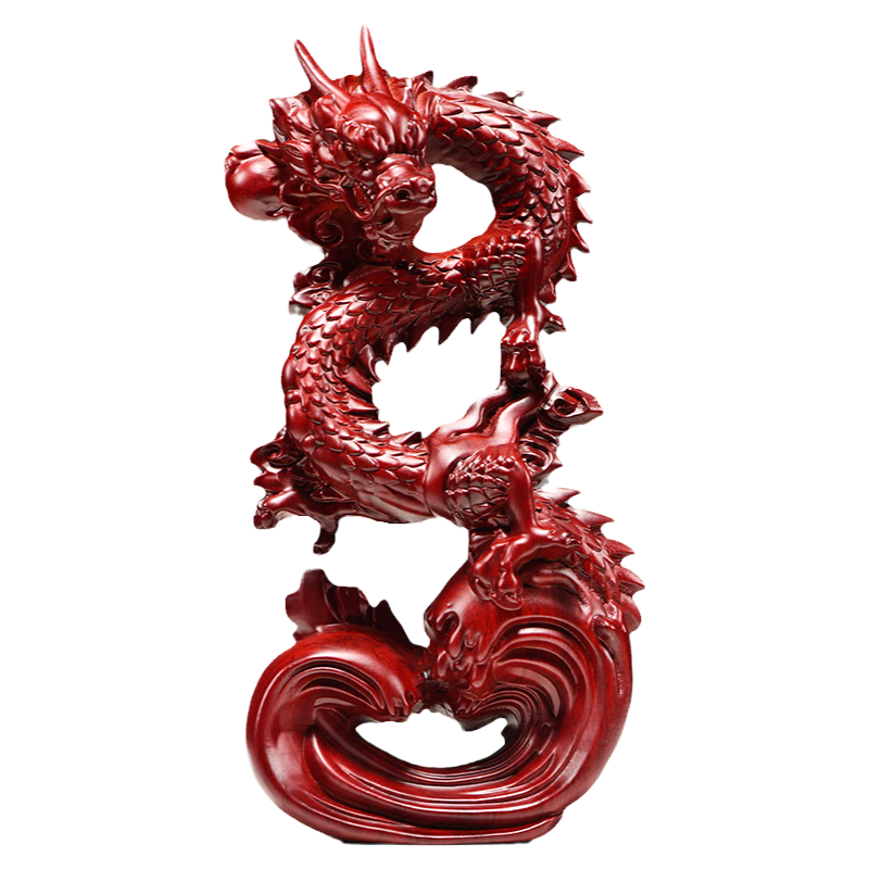 纯木龙摆件红色木质盘龙吉祥物龙年生肖实木雕刻办公室木头工艺品