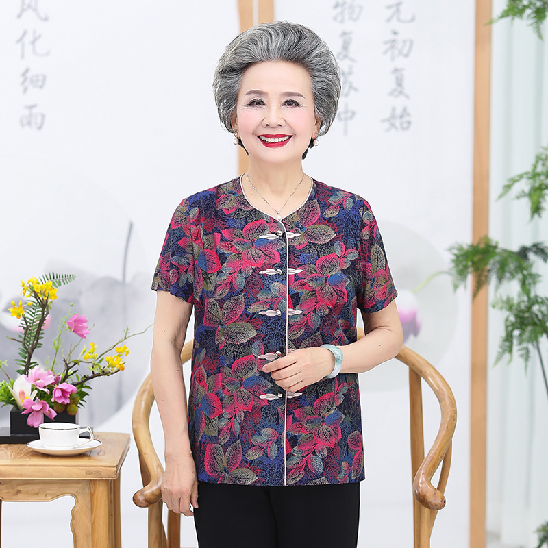 奶奶夏季套装老人短袖女60-70岁妈妈装棉绸衬衫老太太