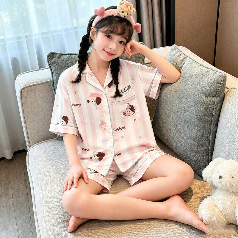 睡衣夏季女孩五十姐姐空调服小孩儿童女童拉链冰丝薄款居家可爱款