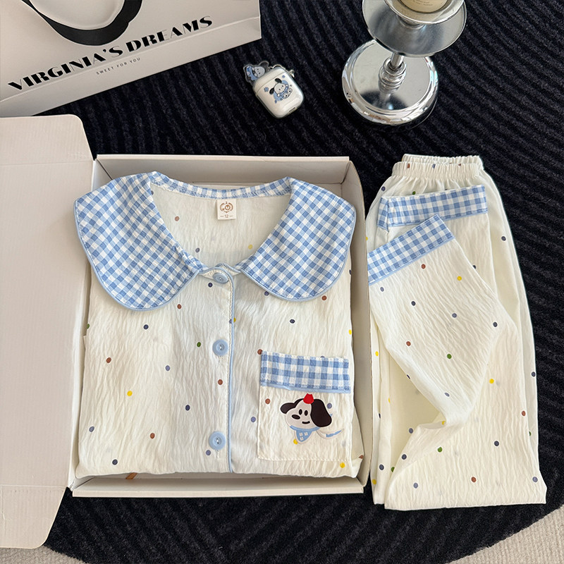 春秋季长袖云朵棉花边五年级休息服冬天花朵款空调服儿童睡衣女孩
