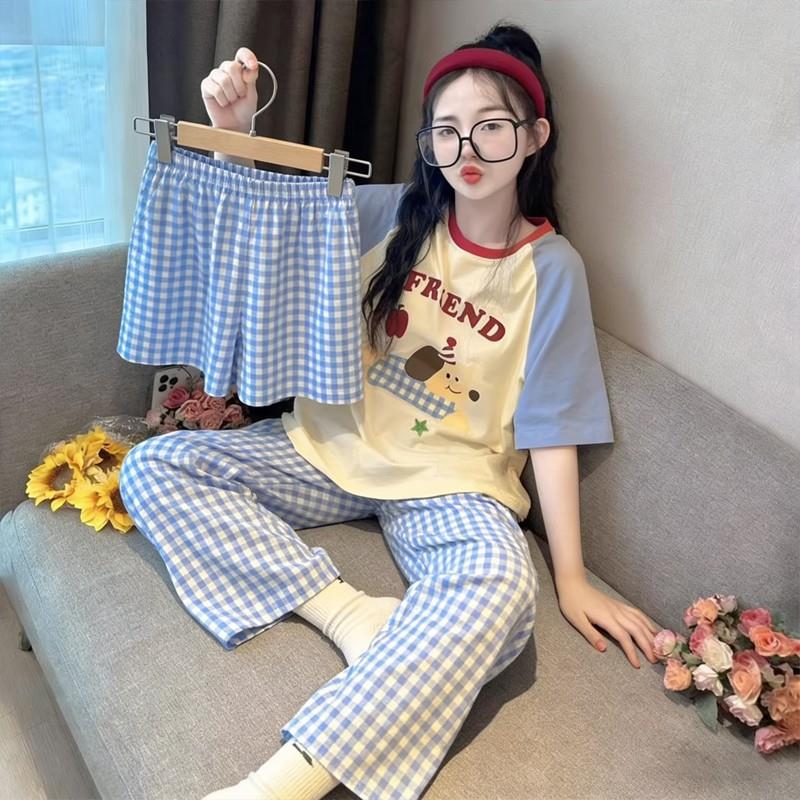女童睡衣夏季薄款三件套女孩三岁儿童空调服短袖长裤中童套装十五