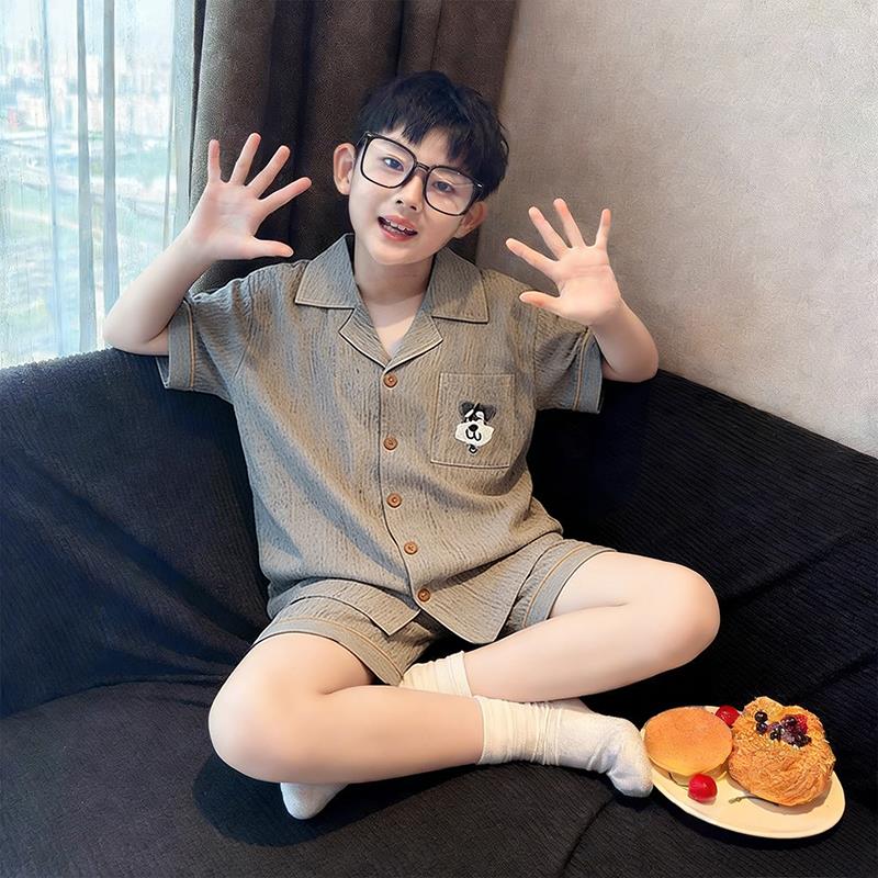 男童睡衣夏季薄款云朵棉短袖衣服短裤亲子儿童男孩格子十四岁胖童