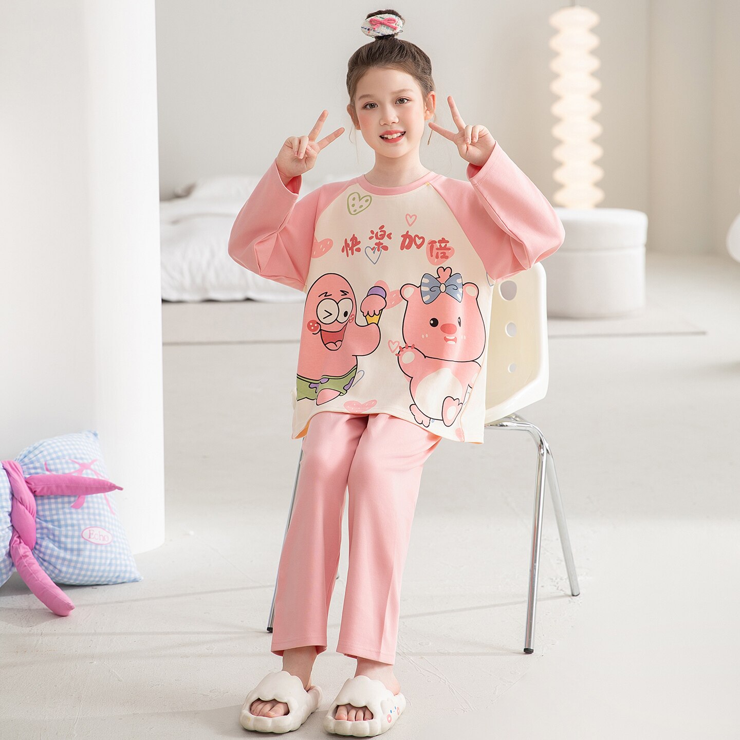 睡衣女孩纯棉春秋季长袖秋外穿十五女童冬天可爱猫三岁休息服儿童