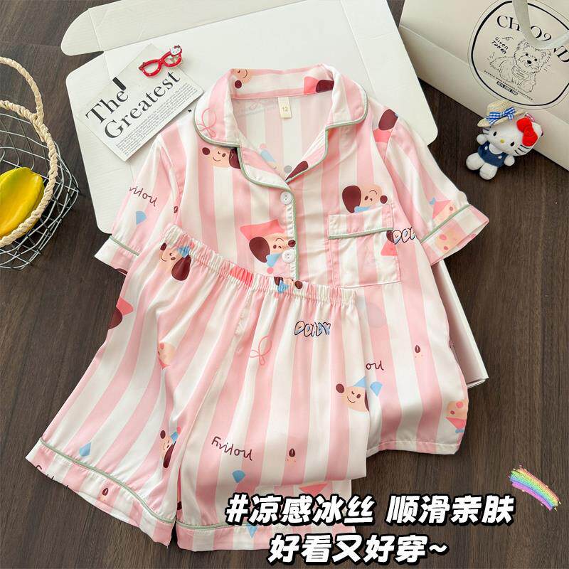 睡衣夏季女孩流行可爱款十三女童薄款冰丝儿童竖条纹七岁可爱九岁