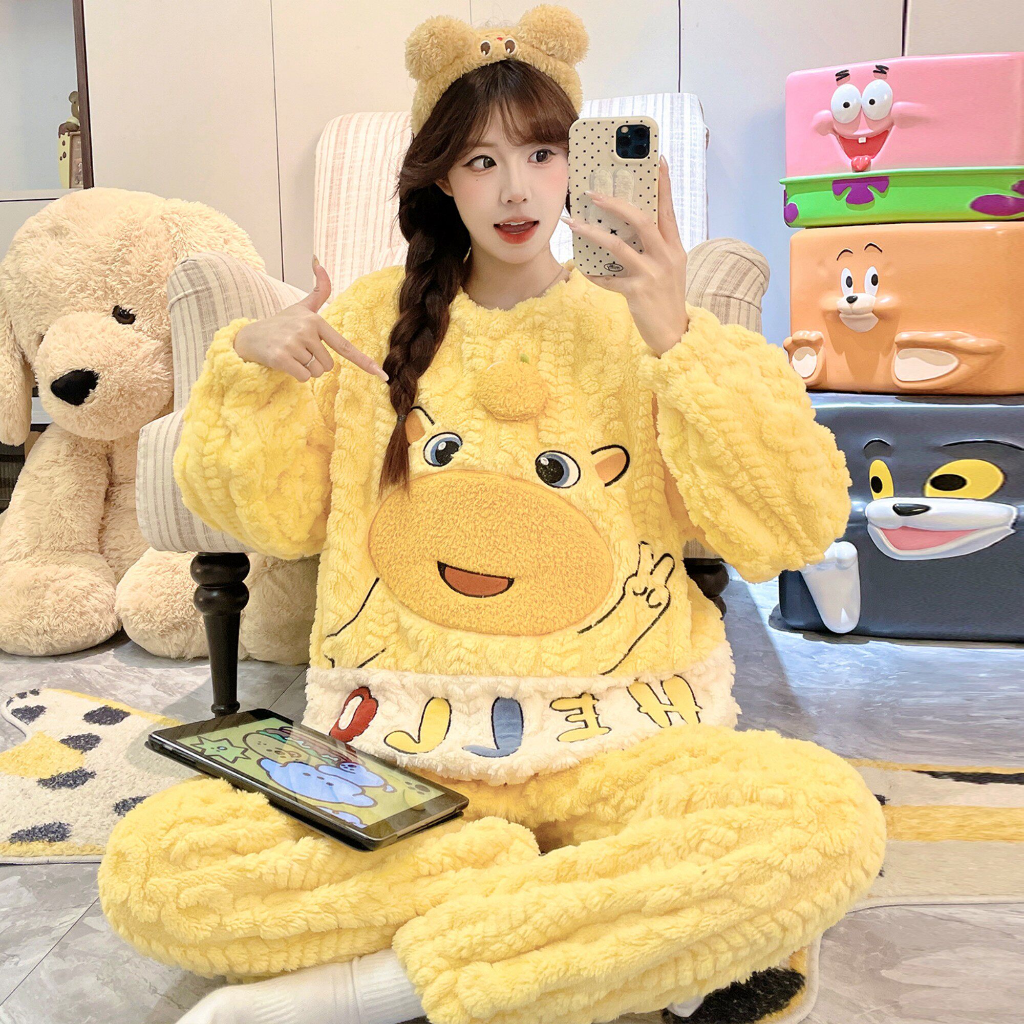女童睡衣秋冬款珊瑚绒加厚九冬季提花绒可爱猫女孩儿童亲子十八岁