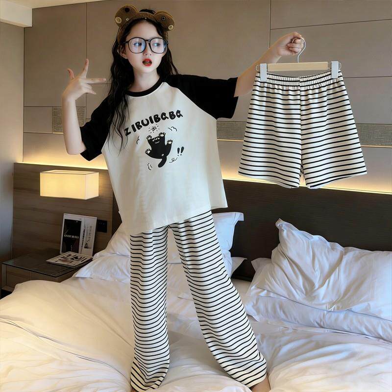 女童睡衣夏季薄款三件套女孩居家服短袖长裤儿童空调服十五卡通风