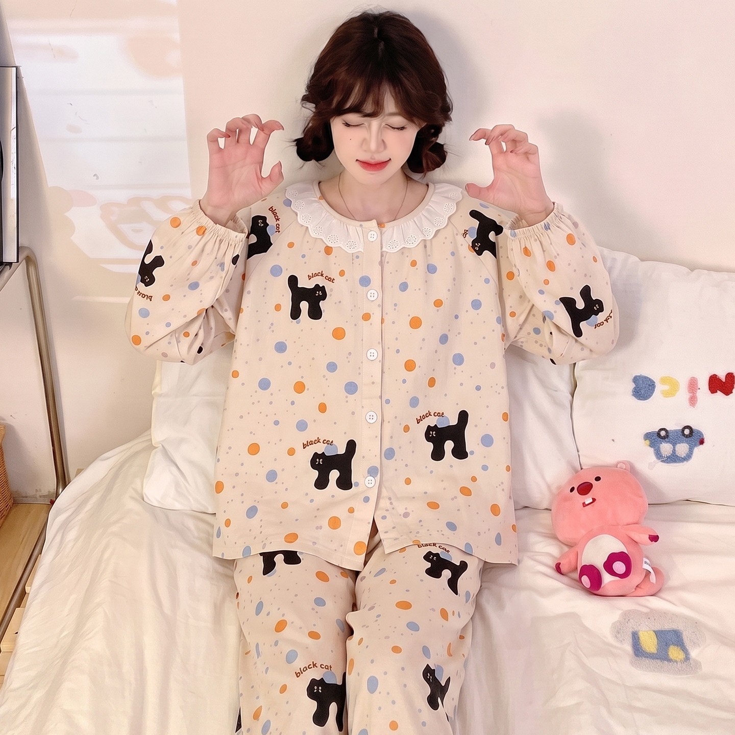 睡衣女款女孩七岁十二儿童空调服娃领云朵棉薄款冬春秋季长袖睡裤