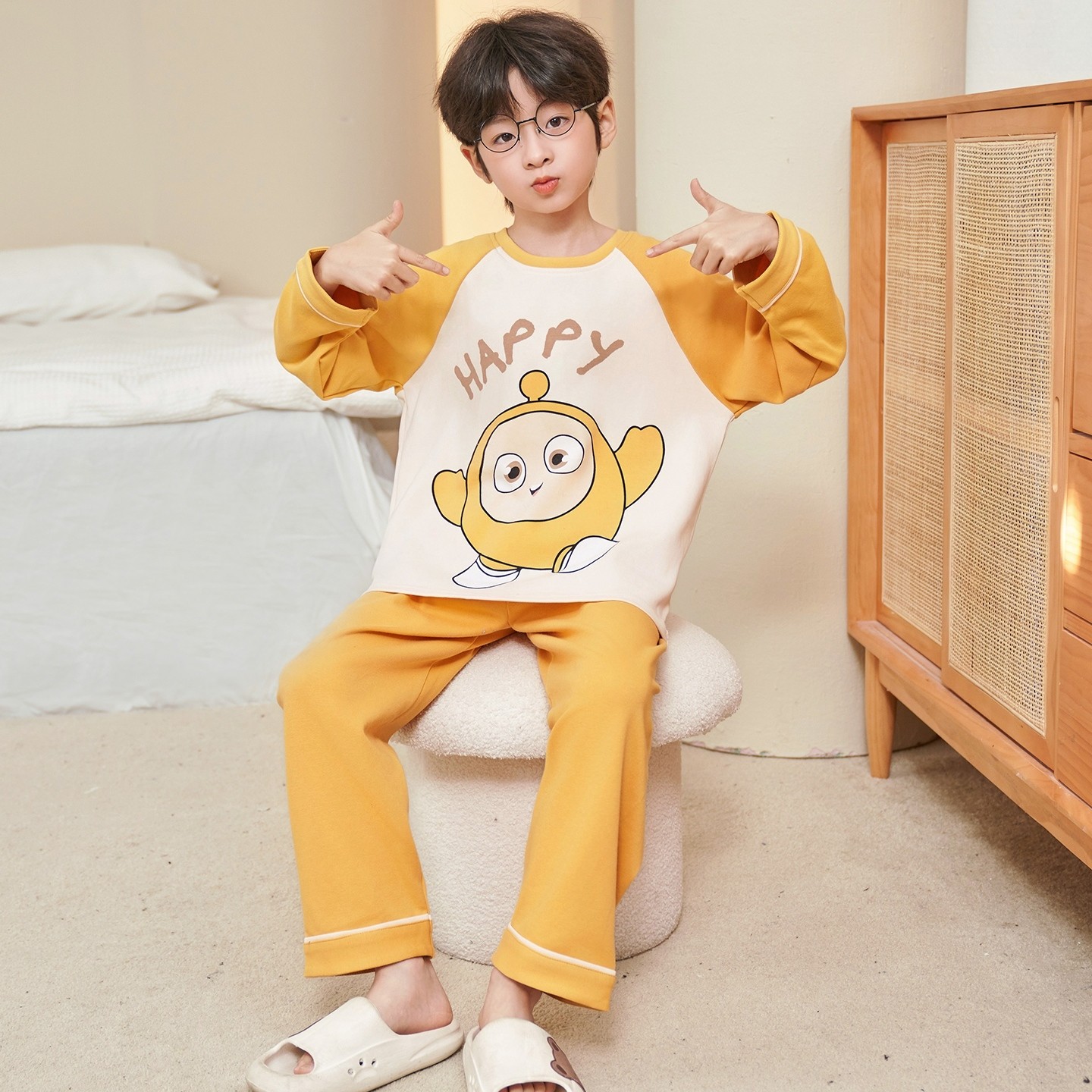 儿童睡衣纯棉长袖男童青少年睡裤冬天空调服小熊十二岁男孩春秋季