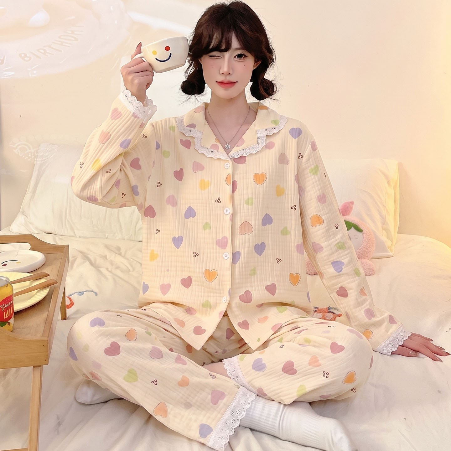 睡衣女款女孩儿童生日春秋季空调服薄款云朵棉冬长袖韩版秋装胖童