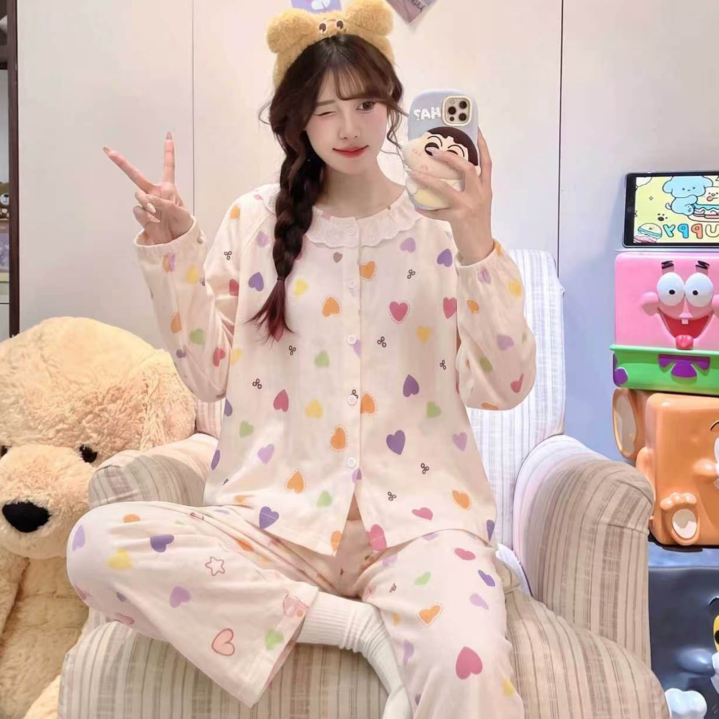 睡衣女款女孩睡裤儿童花边长袖空调服薄款云朵棉春秋季冬潮两姐姐