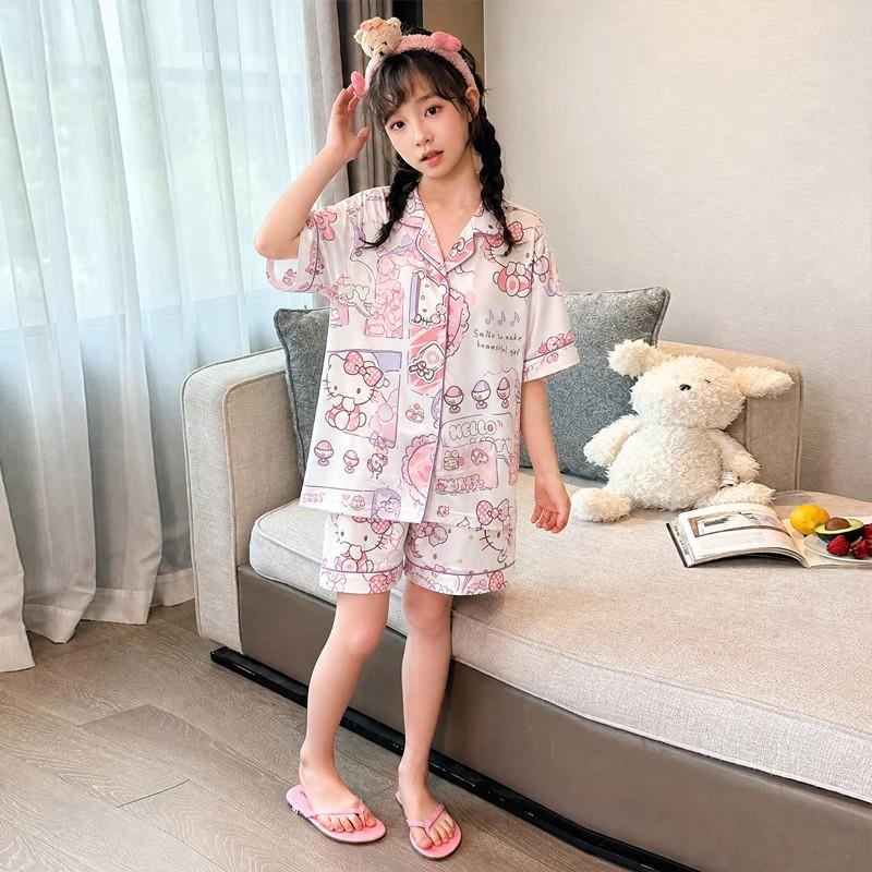 睡衣夏季女孩家居裤短袖女宝夏六冰丝圆点女童薄款儿童高中十周岁