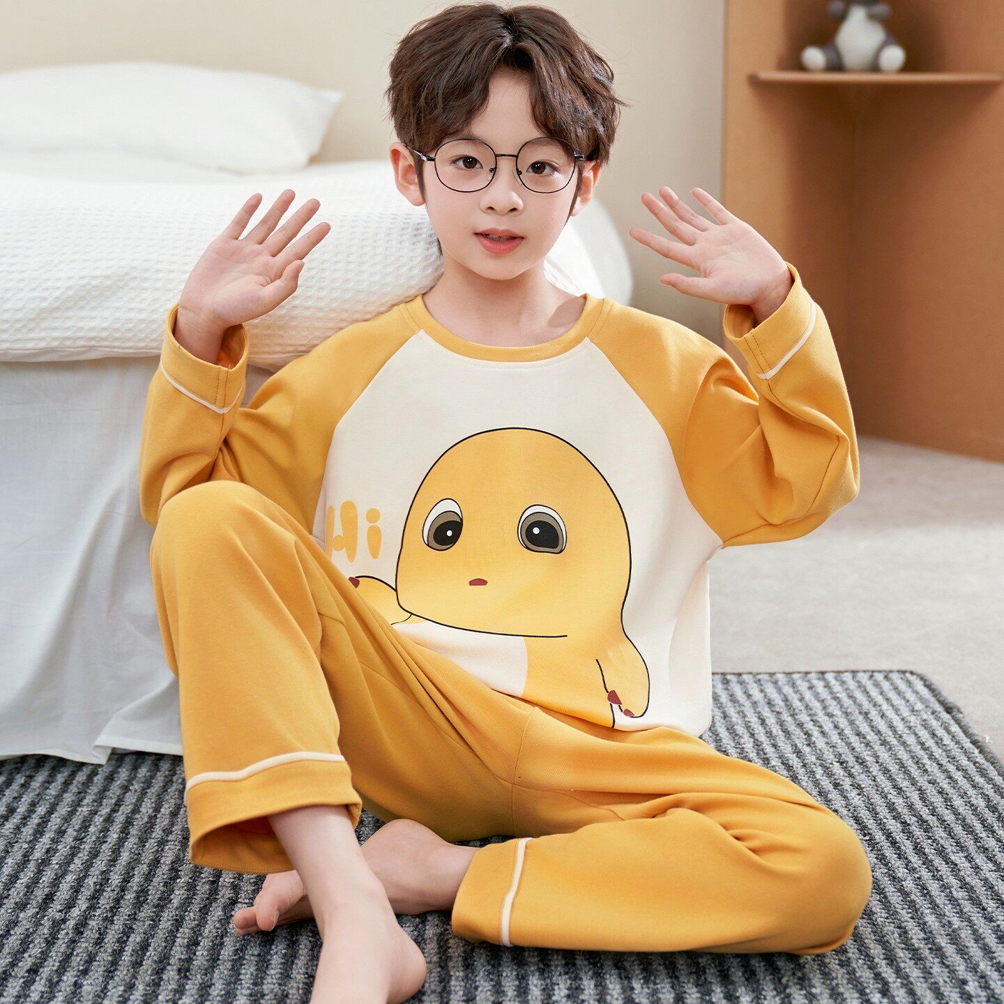 儿童睡衣纯棉长袖男童空调保暖装冬天小熊空调服家居裤男孩春秋季