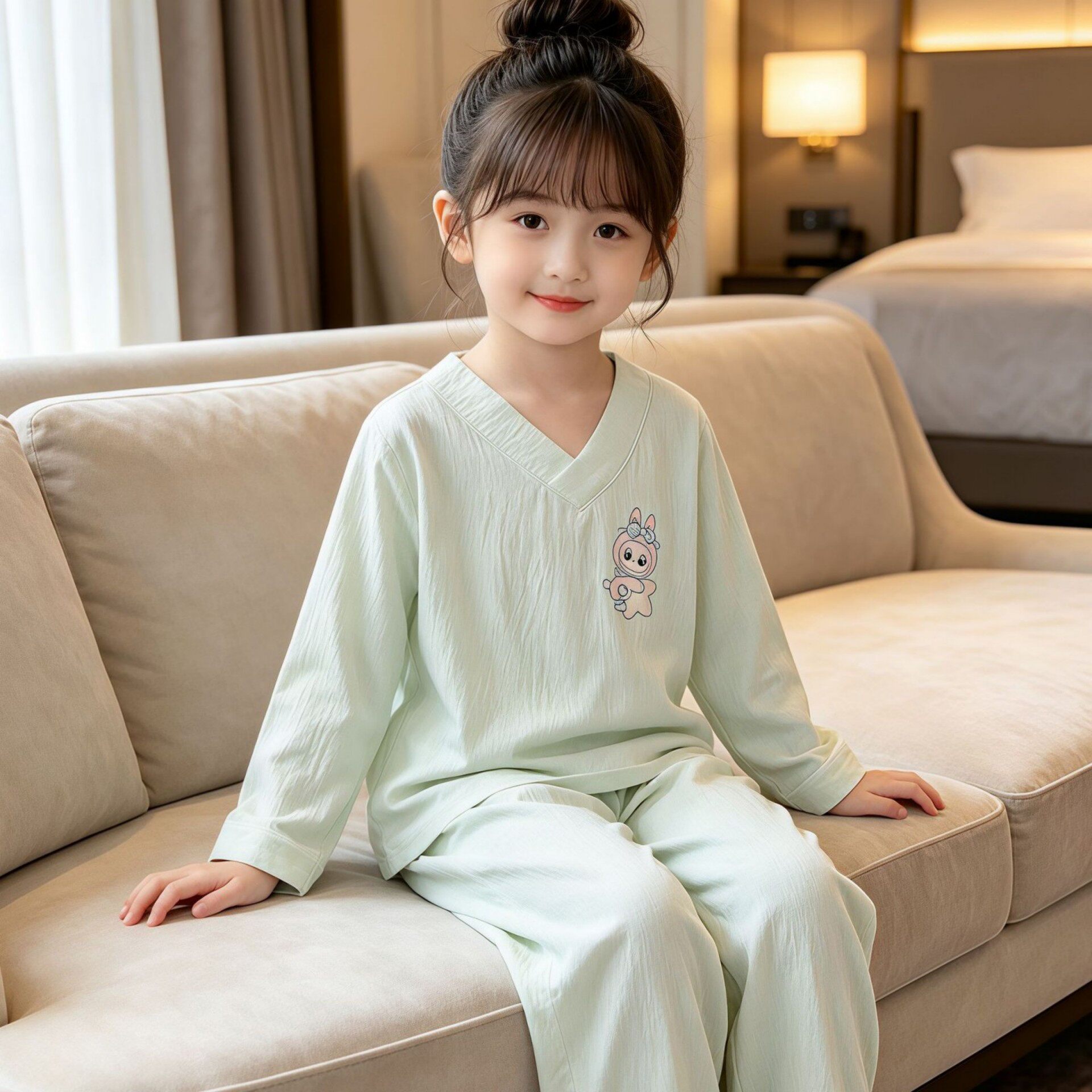 女孩春秋季长袖云朵棉新款秋天冬天女童星星休息服空调房儿童睡衣