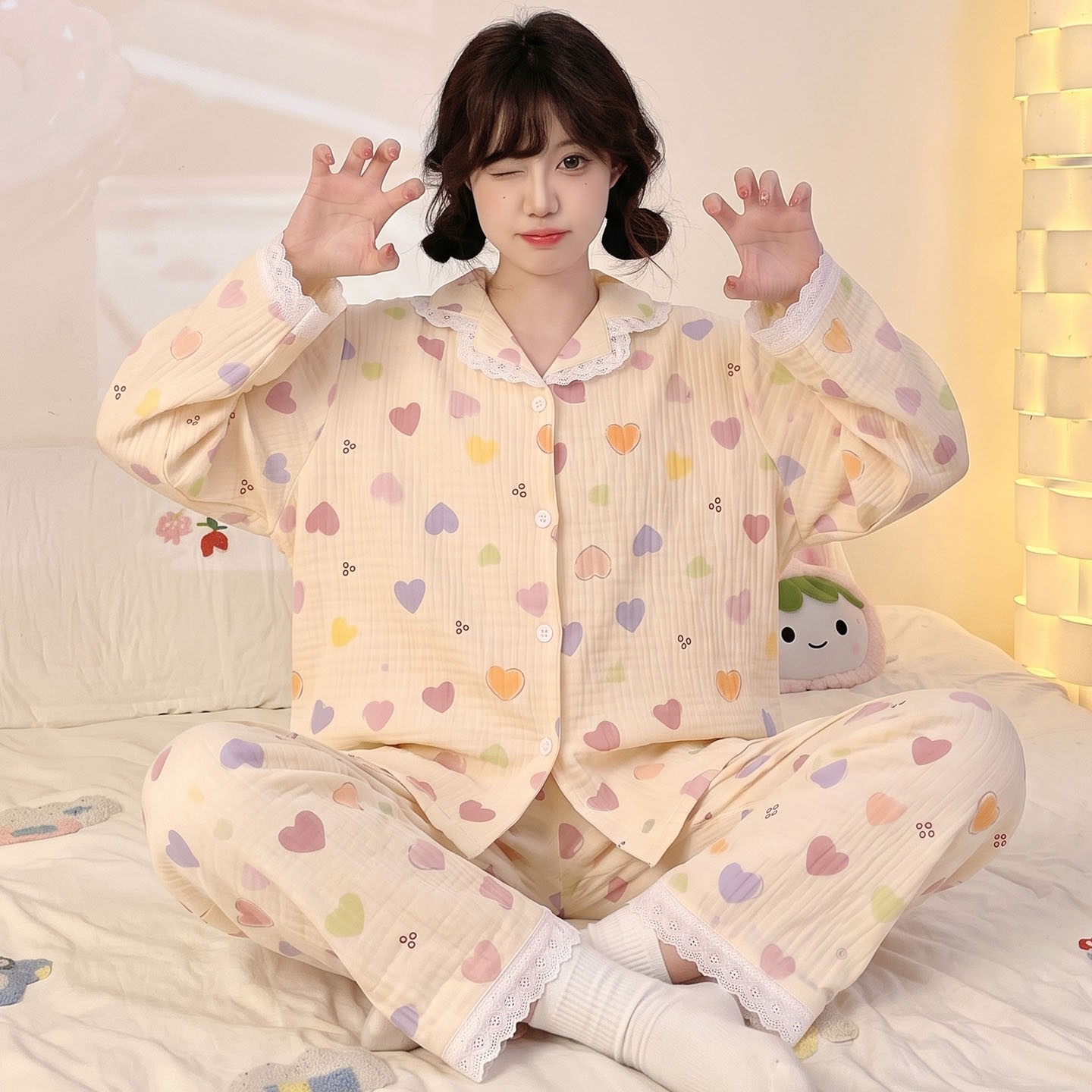睡衣女款女孩五周岁九周岁儿童开衫薄款长袖空调服冬春秋季云朵棉
