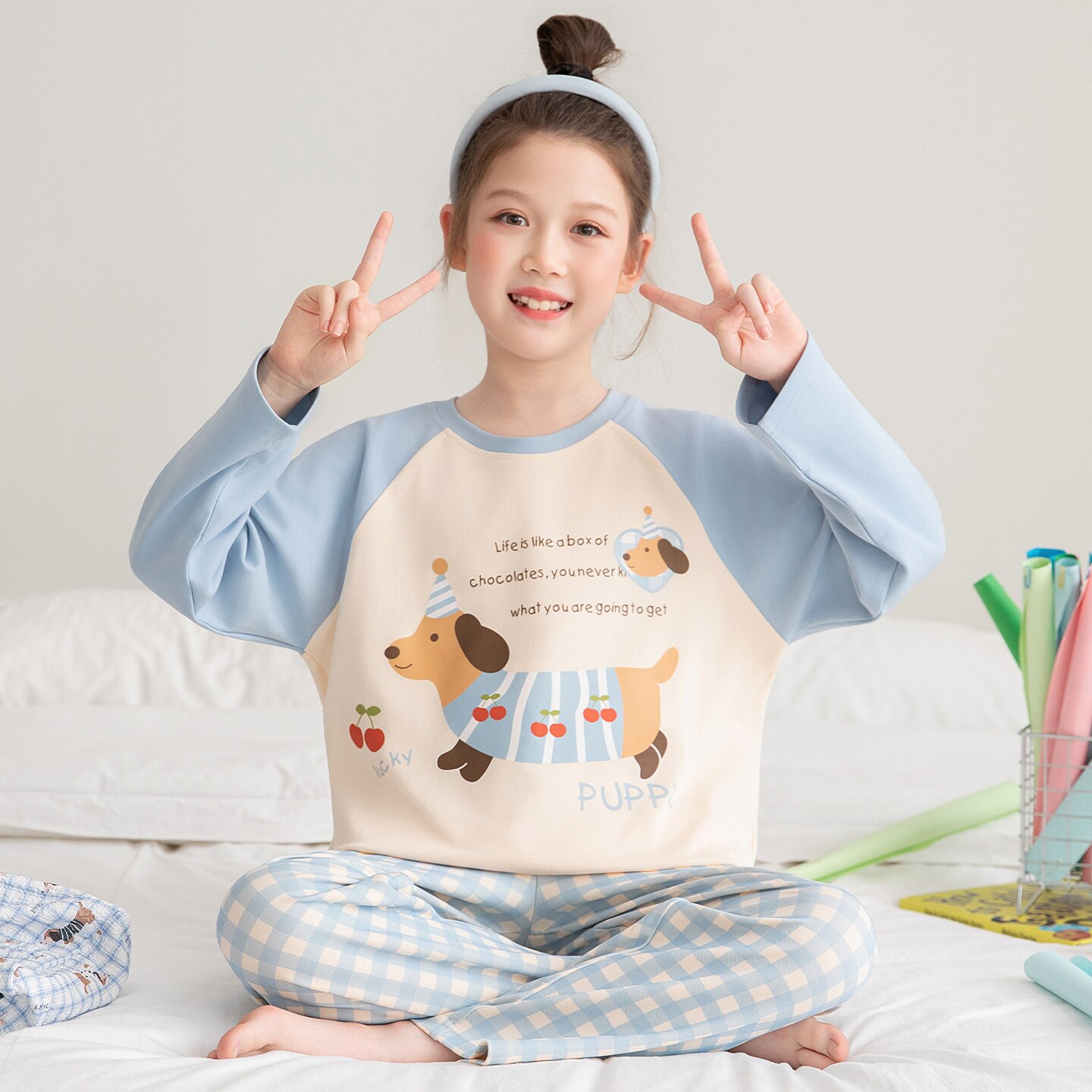 睡衣女孩纯棉春秋季长袖六岁女童橘红色冬天七周岁睡裤保暖套儿童