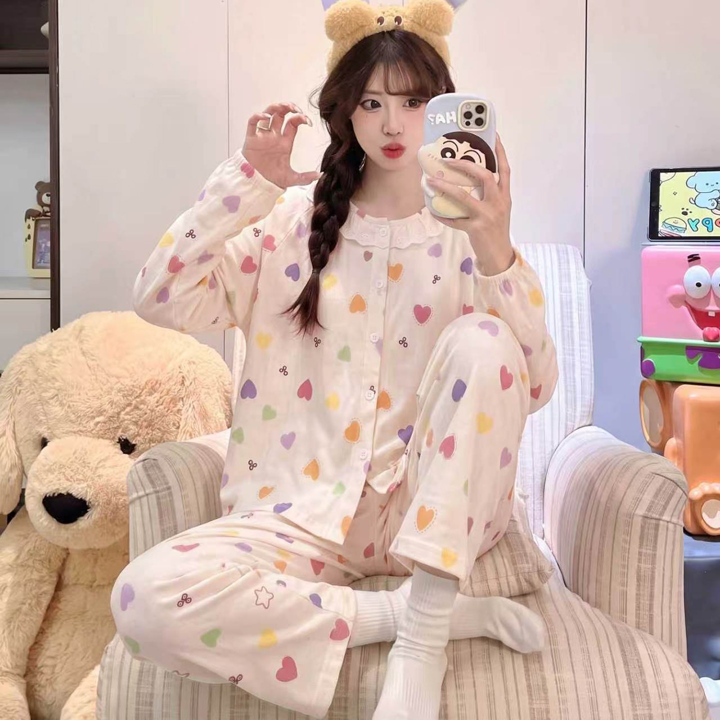 睡衣女款女孩儿童春秋季云朵棉薄款空调服冬粉猫长袖空调春外穿潮
