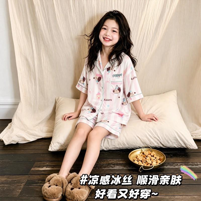 睡衣夏季女孩卡通六岁中童十六三岁冰丝薄款中大童女童儿童宝宝女