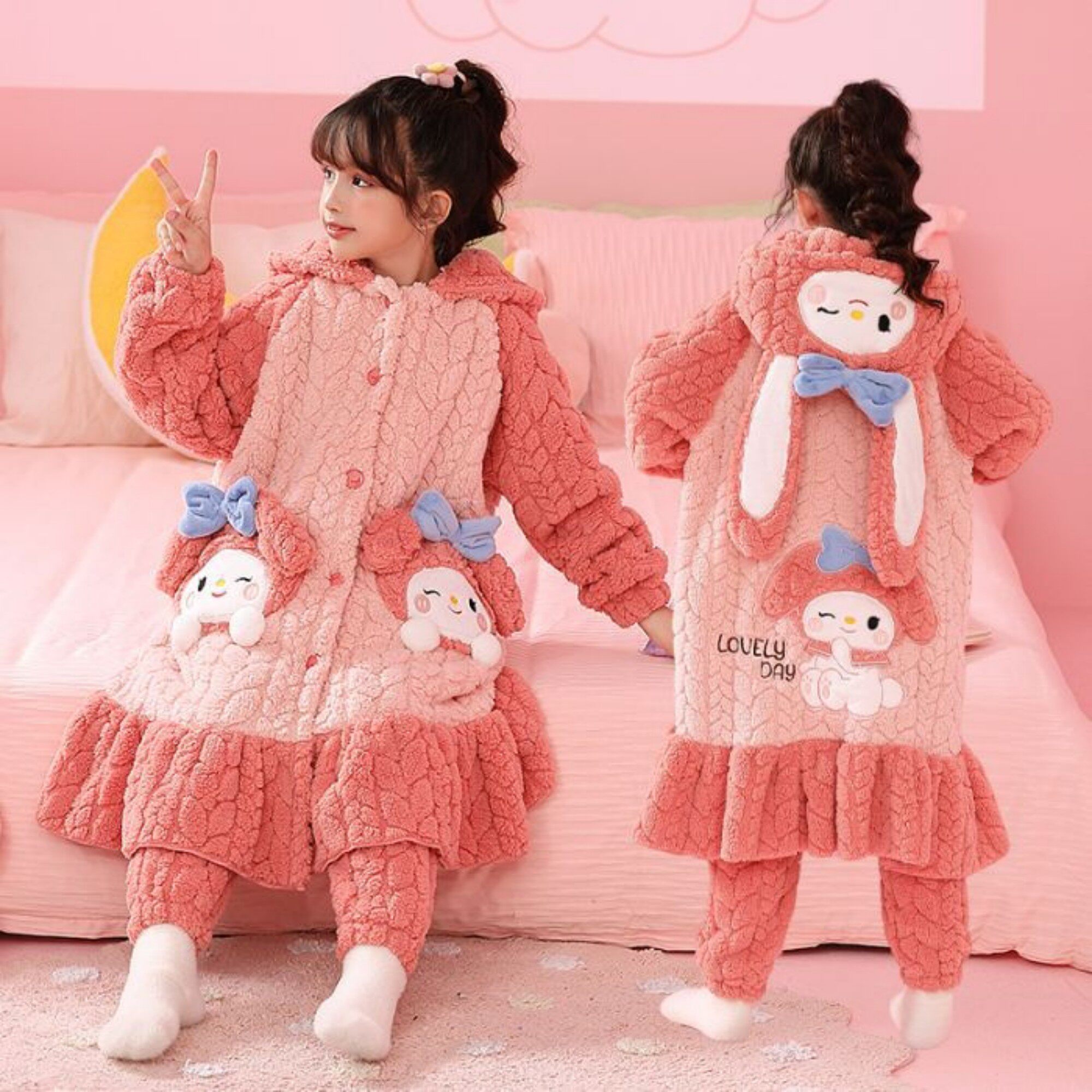 儿童睡衣女童空调服珊瑚绒口袋冬季秋冬款加厚女孩加绒小猫潮十四
