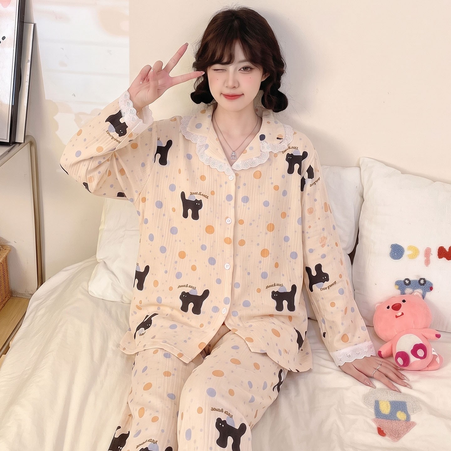睡衣女款女孩四季长裤潮儿童卡通猫云朵棉薄款春秋季长袖空调服冬